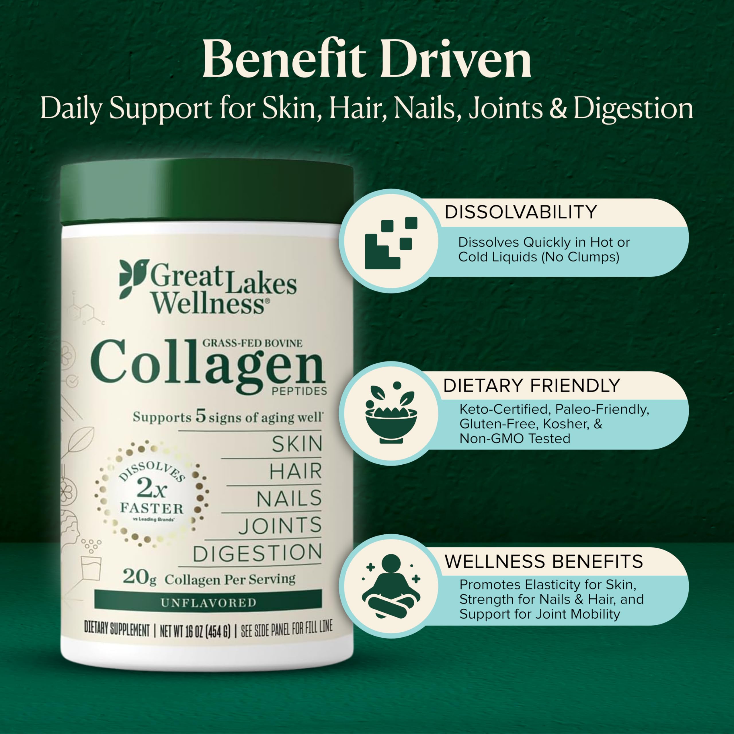 Great Lakes Wellness Collagen Peptides — doseur intégré facilitant les portions journalières.