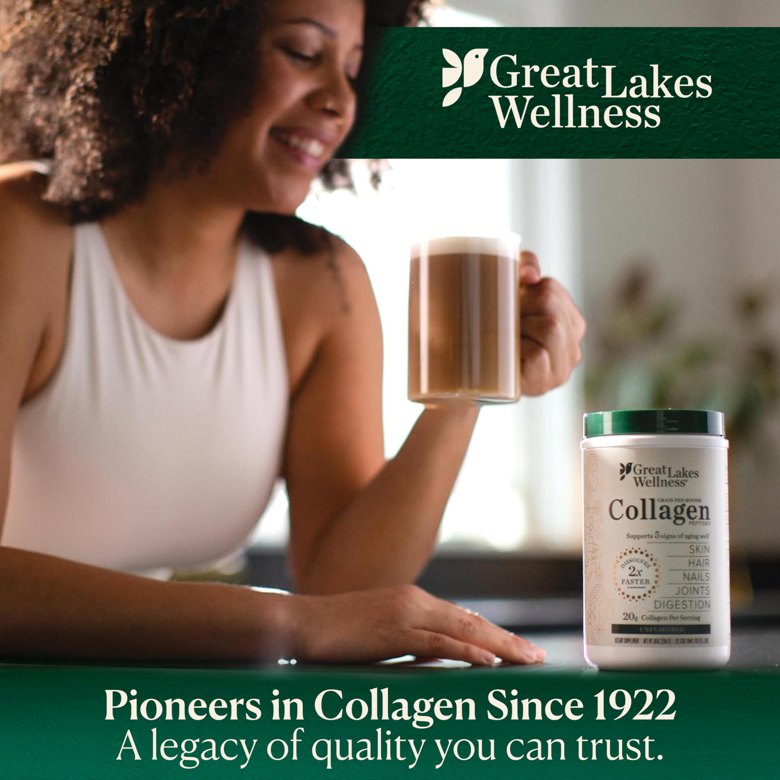 Great Lakes Wellness Collagen Peptides — emballage recyclable et pratique pour le quotidien.