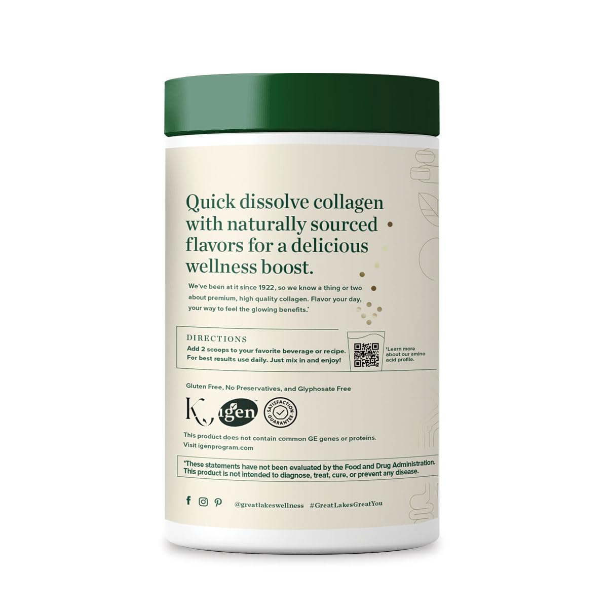 Great Lakes Wellness Collagen Peptides Chocolat – cuillère-doseuse pour dosage précis et rapide
