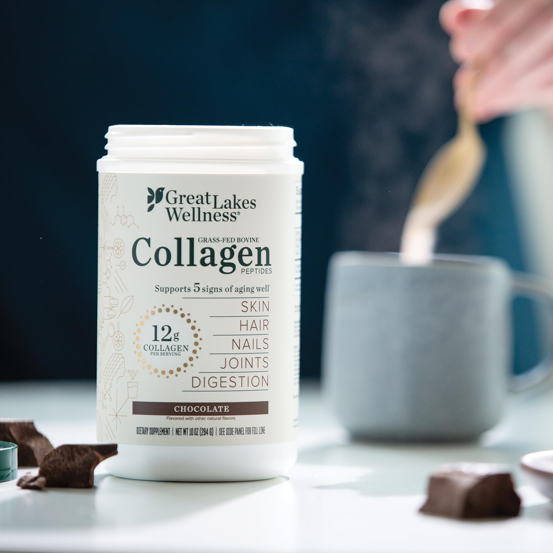 Great Lakes Wellness Collagen Peptides Chocolat – mélangé dans thé ou boisson chaude