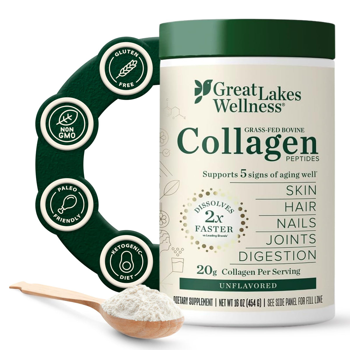 Great Lakes Wellness Collagen Peptides — poudre naturelle prête à être ajoutée à vos boissons quotidiennes.
