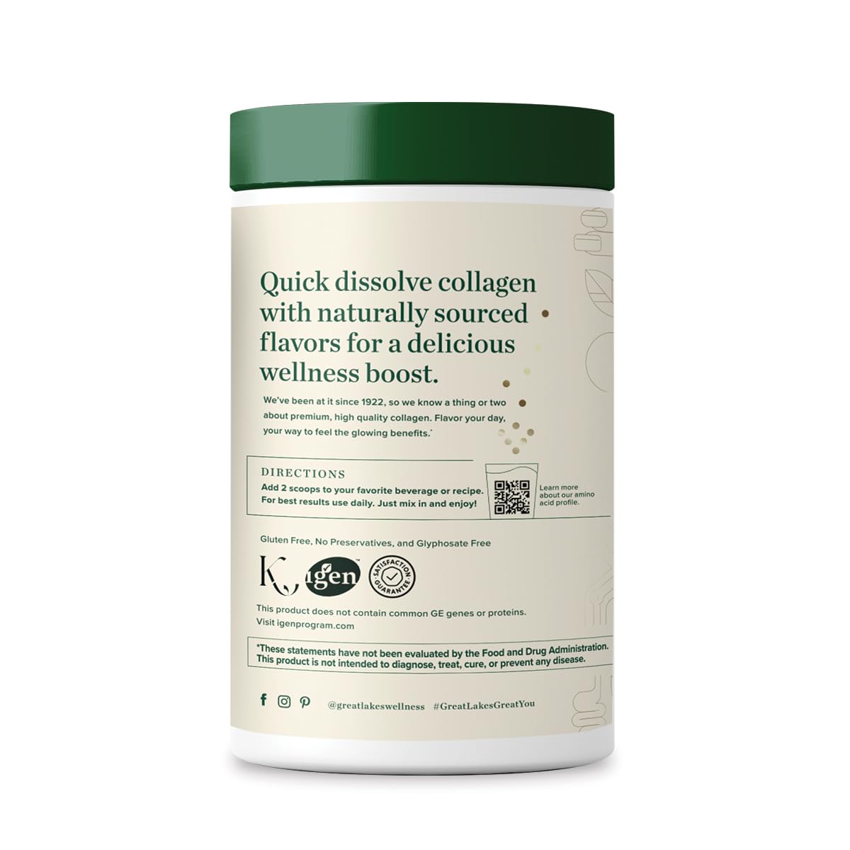 Great Lakes Wellness Collagen Peptides, doseur intégré, pratique pour dosage quotidien.