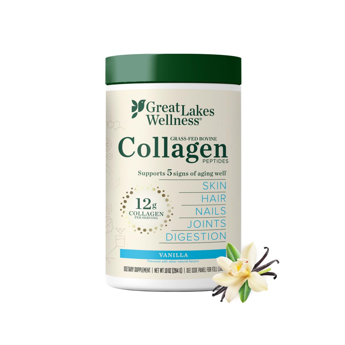 Great Lakes Wellness Collagen Peptides, étiquette claire, produit premium pour peau et cheveux.