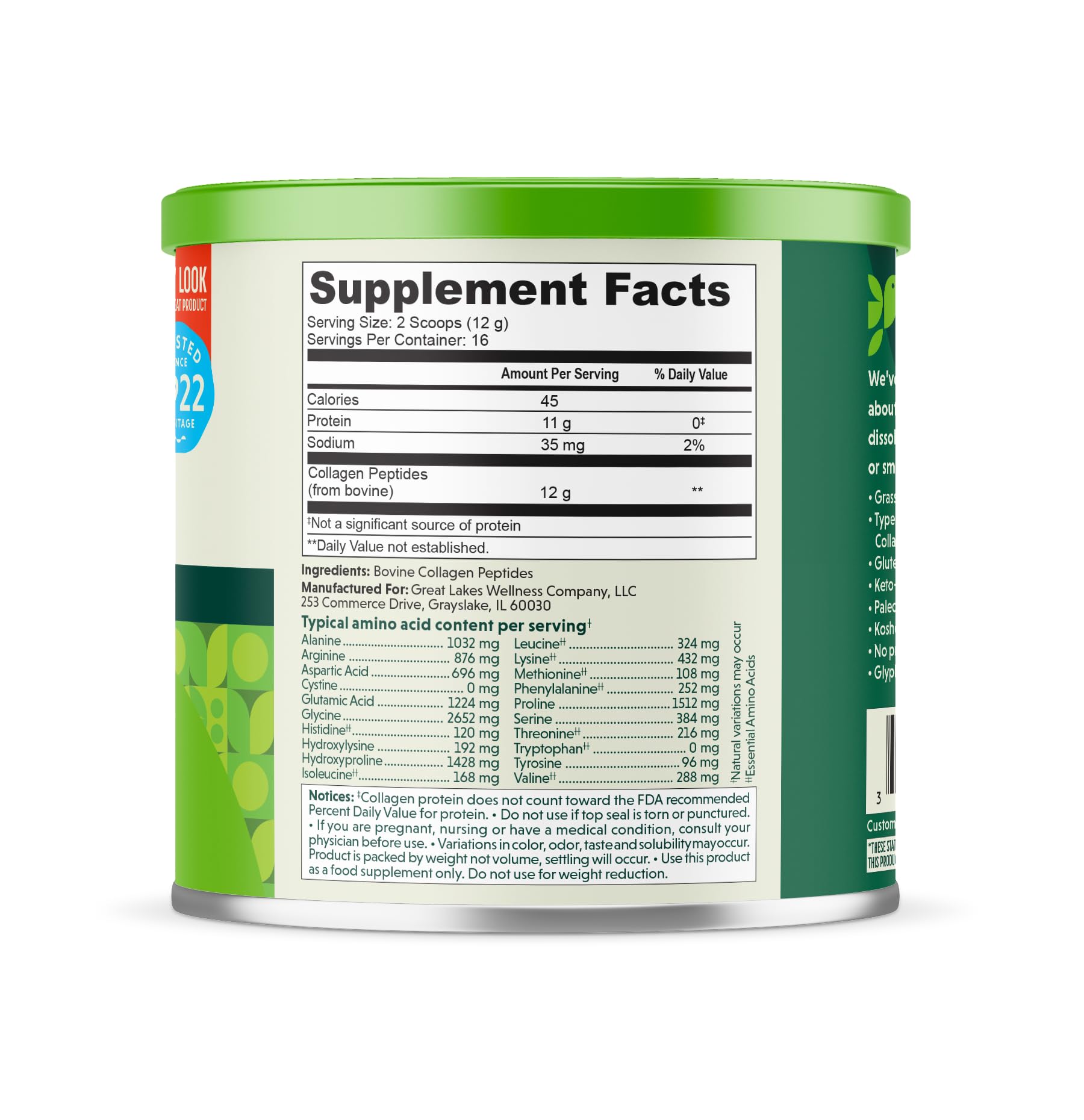 Great Lakes Wellness Collagen Peptides : dissolution rapide dans boisson chaude ou froide sans grumeaux.