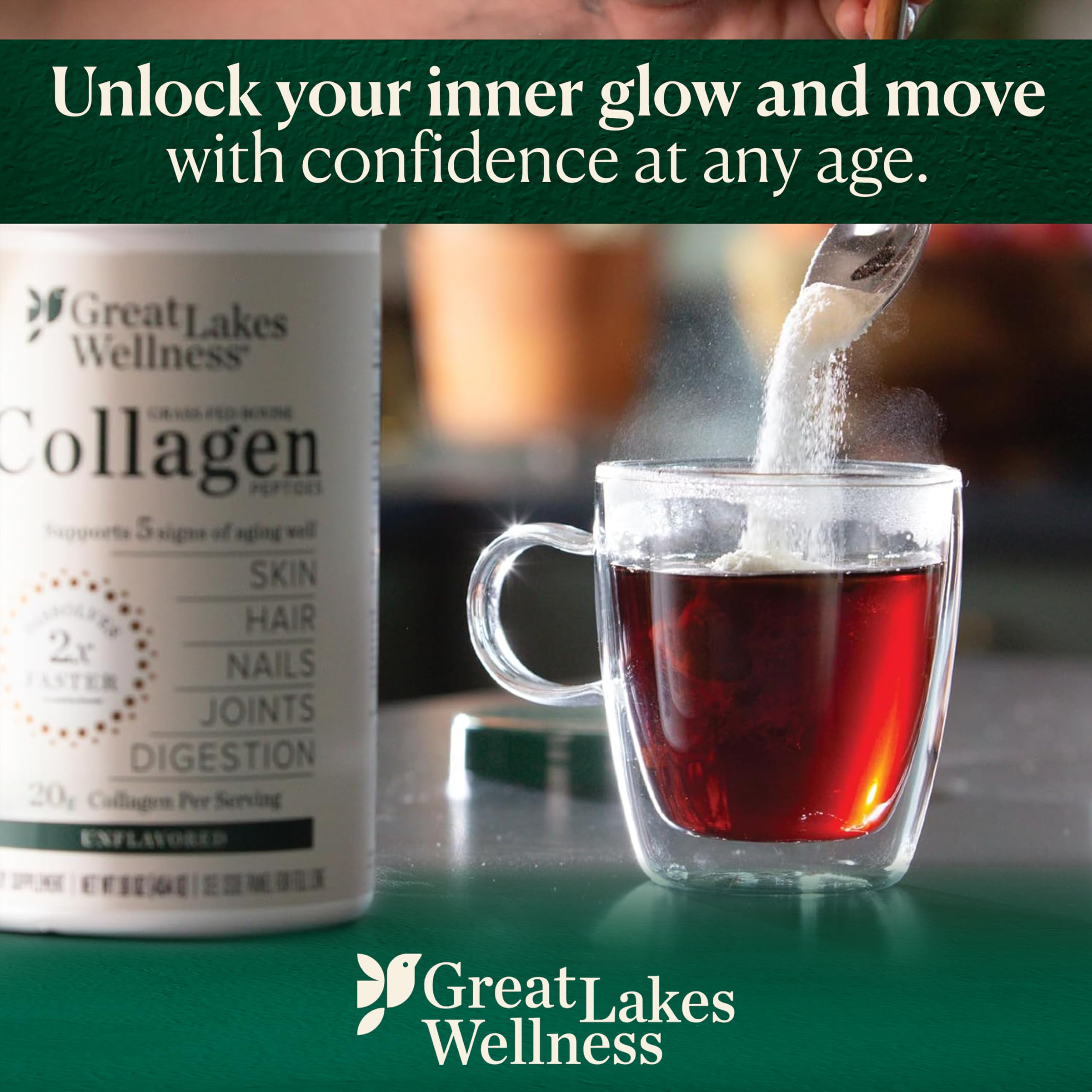 Great Lakes Wellness Collagen Peptides — aspect poudre neutre se fondant dans les boissons.