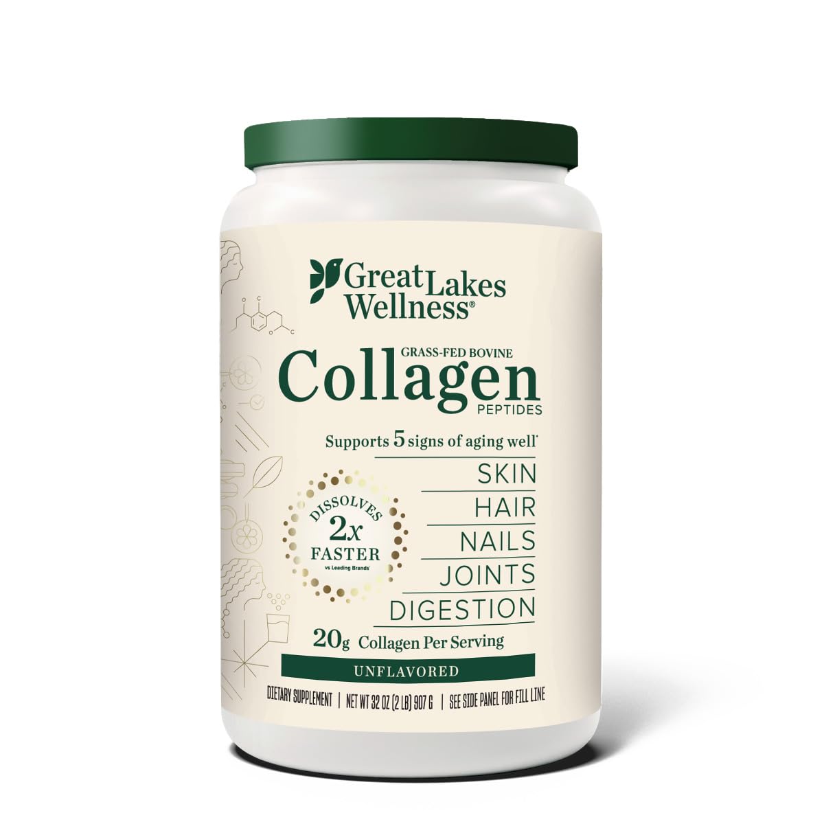 Great Lakes Wellness collagène bovin – poudre dissolution rapide pour boire.