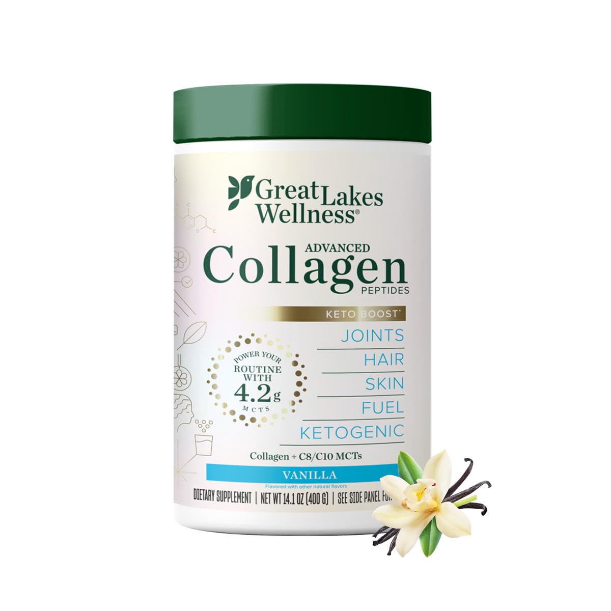 Great Lakes Wellness Keto Boost Collagène vanille, poudre, idéal pour café crémeux.