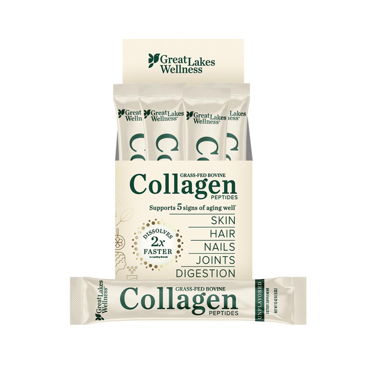 Emballage Great Lakes Wellness et poudre de collagène non aromatisée prête à l'emploi.