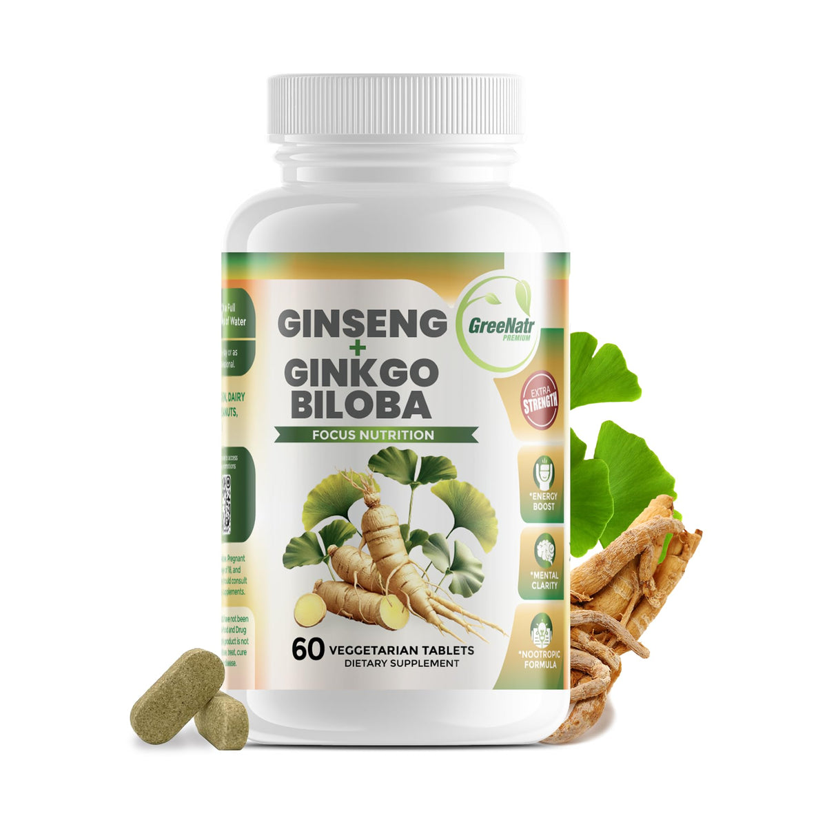 GreeNatr bouteille Ginkgo biloba sur bureau, énergie naturelle et concentration.