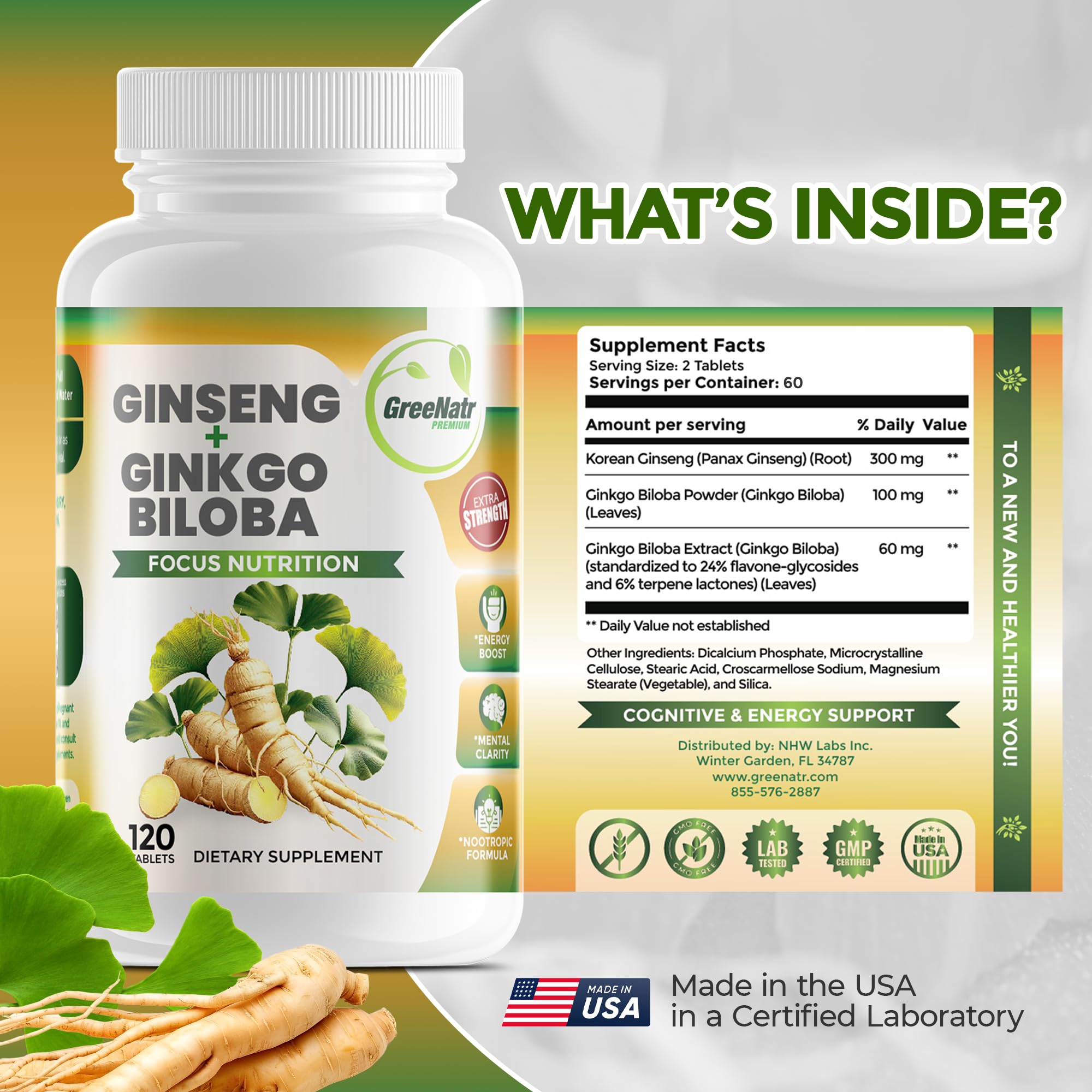 GreeNatr synergie Ginkgo et Ginseng pour soutien cognitif et énergie.