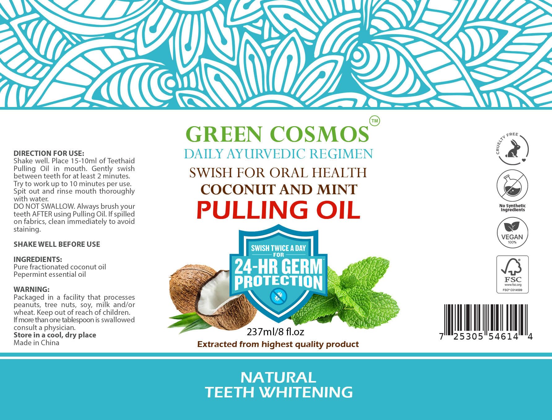 Green Cosmos huile tirage coco et menthe, parfum naturel.