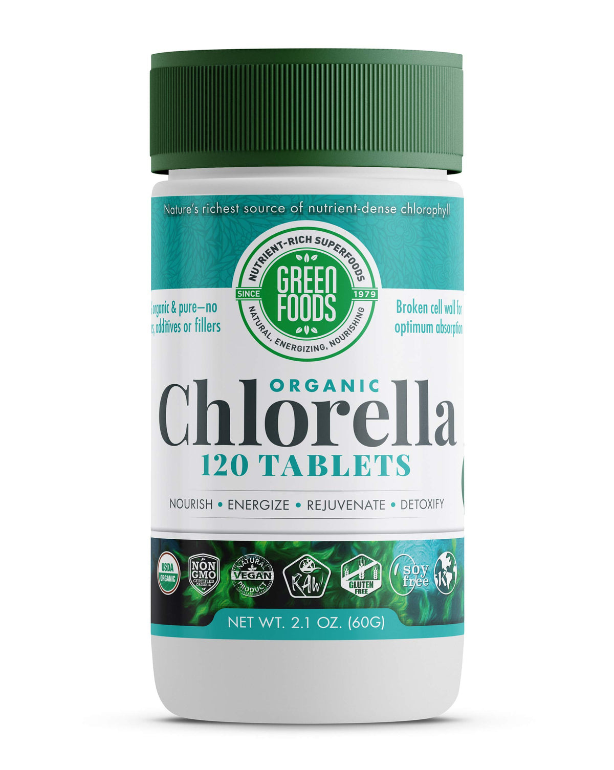 Green Foods chlorella en bouteille, dosage pratique pour un apport nutritionnel quotidien.
