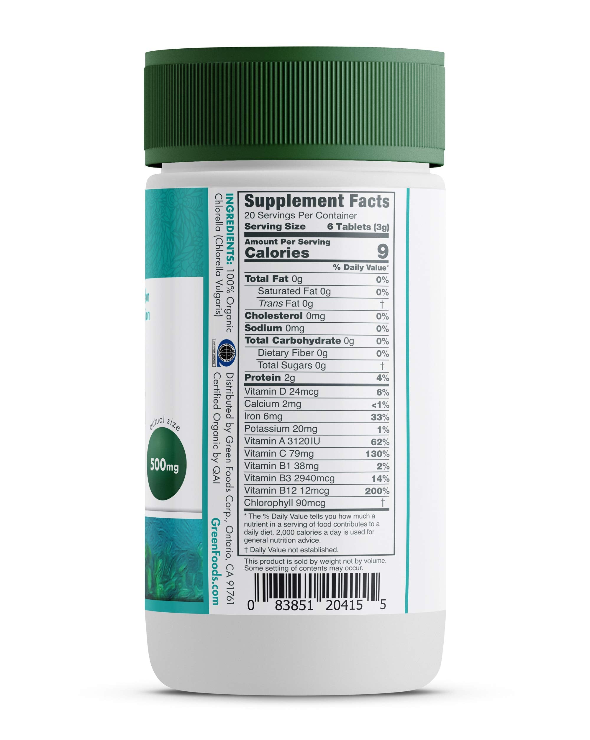 Étiquette nutrition Green Foods chlorella affichant les informations essentielles.