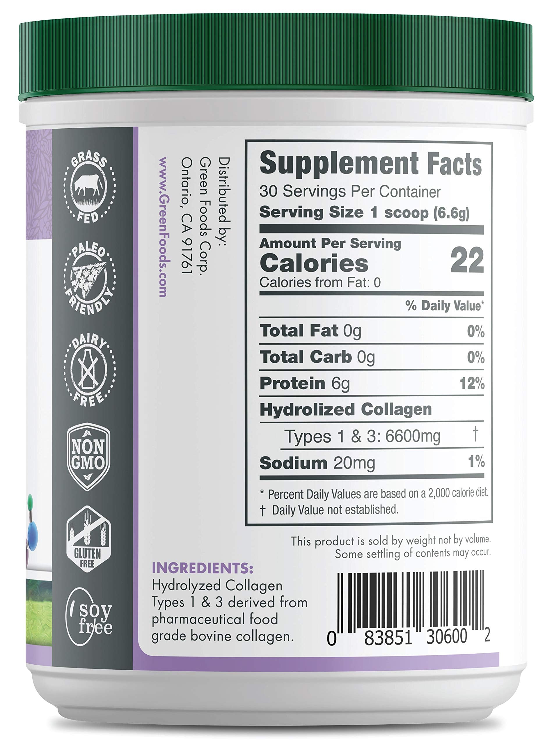 Étiquette claire Green Foods avec informations ingrédients et usages possibles