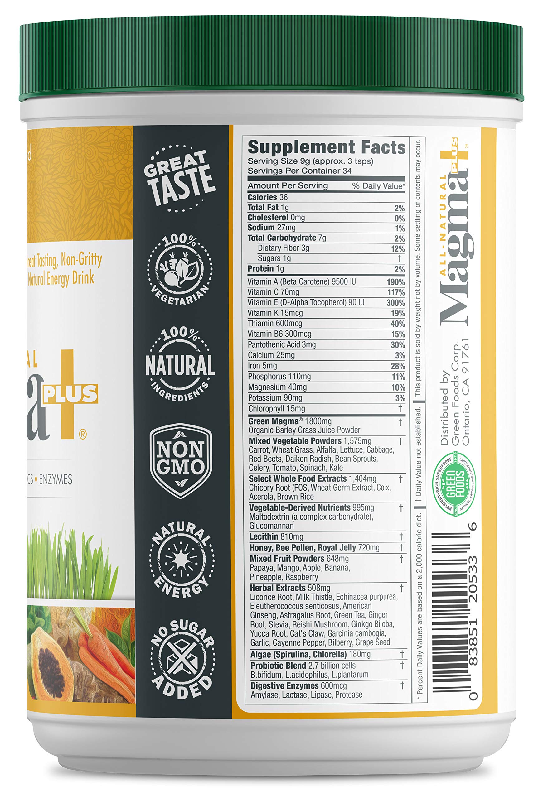 Green Foods Magma Plus poudre — étiquette lisible facilitant l'identification dans votre placard.