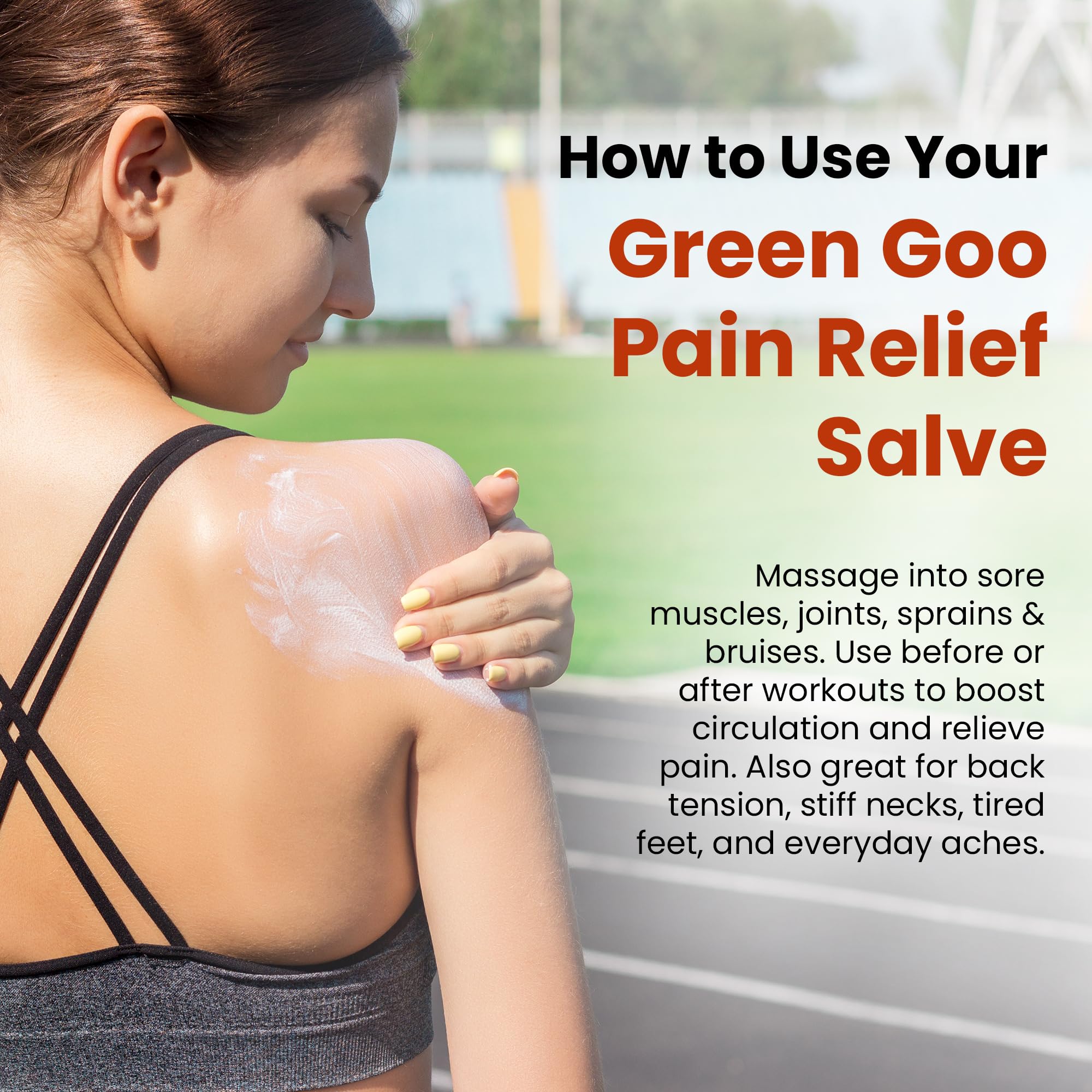 Green Goo Ingrédients Végétaux – contient Arnica, Gingembre et Menthe Poivrée.