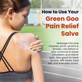 Green Goo Ingrédients Végétaux – contient Arnica, Gingembre et Menthe Poivrée.