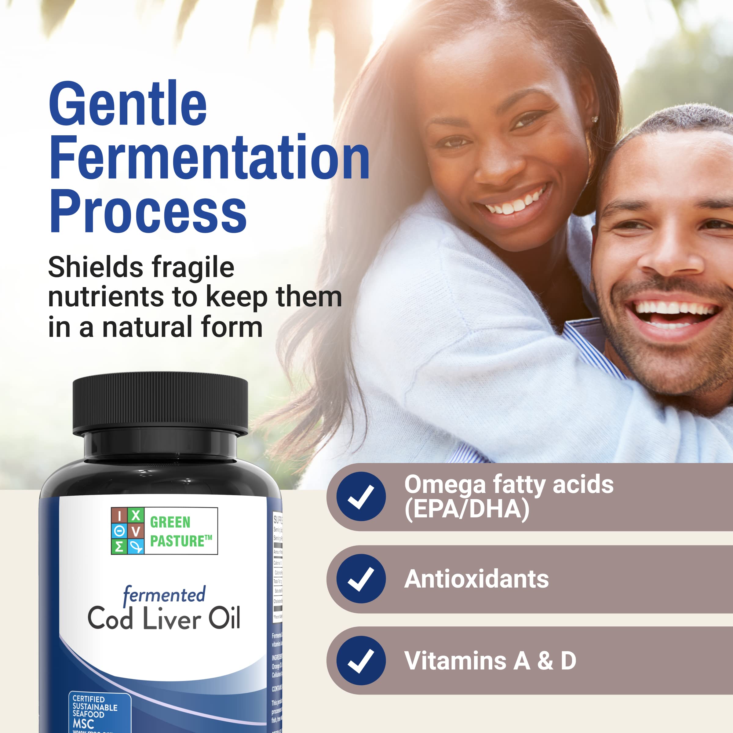 Green Pasture – infographie nutritionnelle montrant vitamines A/D et oméga sur l'emballage.