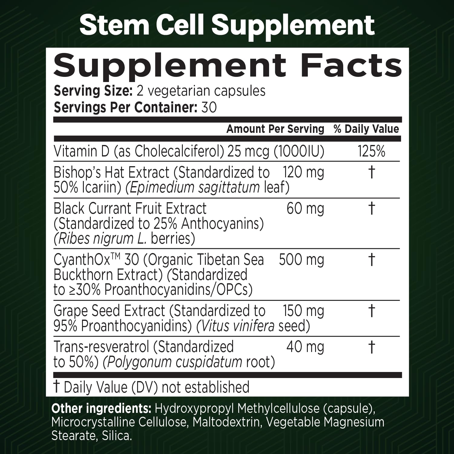 Green Valley Naturals Stem Cell Restore – etiquette d'emballage claire et informative.