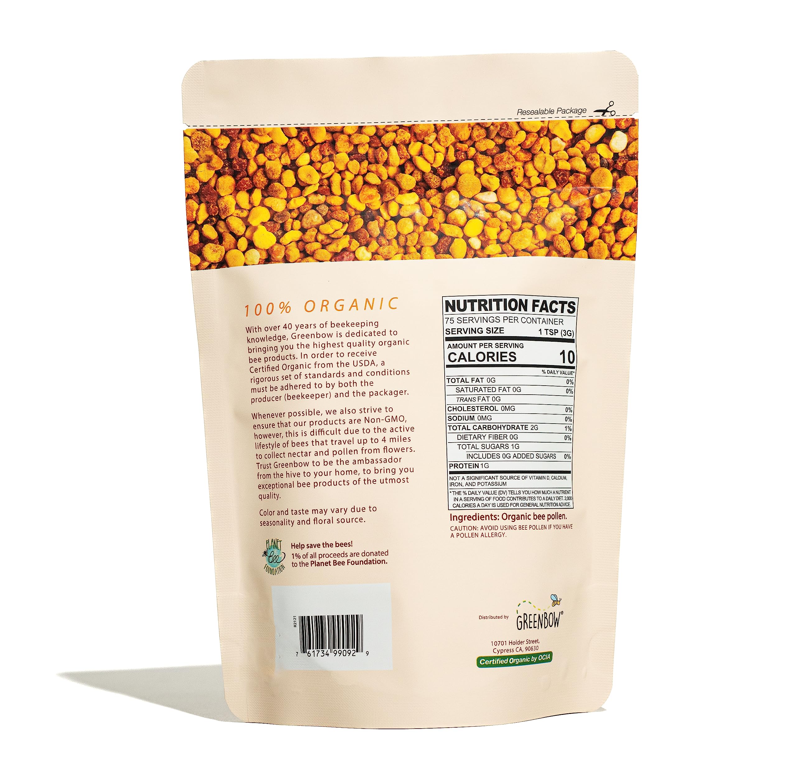 Greenbow Pollen d'Abeille – Etiquette organique, preuve de pureté et d'origine durable