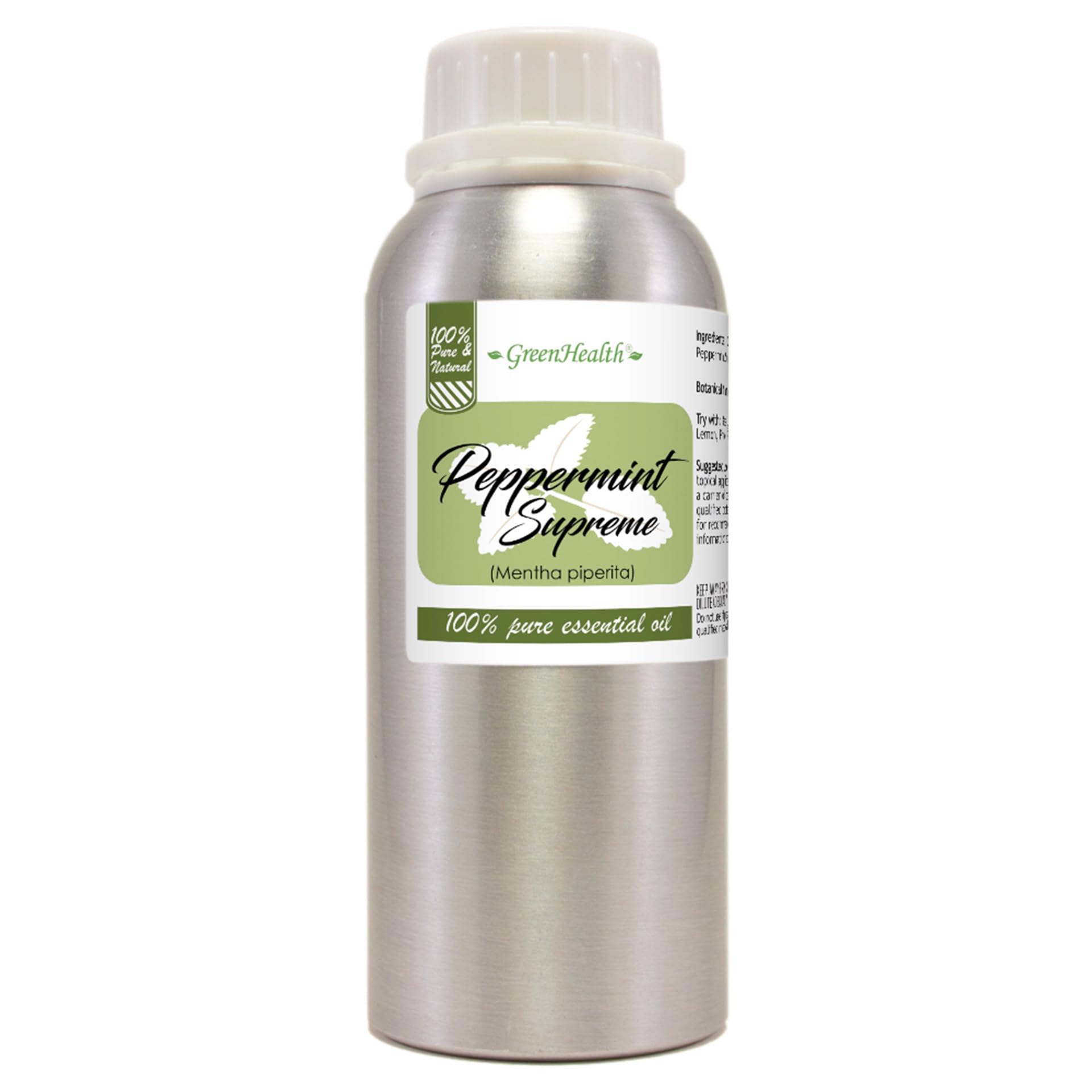 GreenHealth huile essentielle Menthe Poivrée, bouteille aluminium, arôme pur prêt à diffuser.
