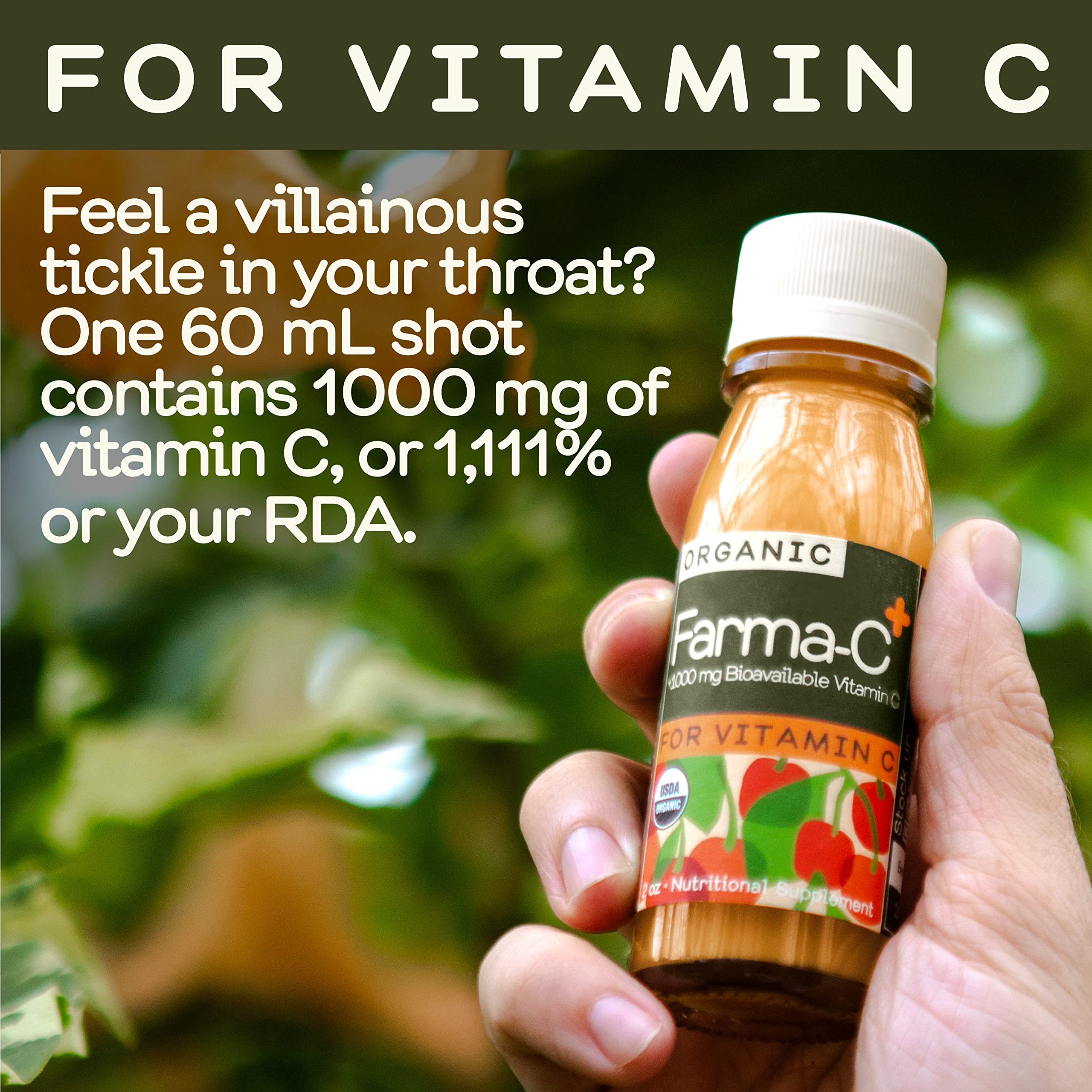 Greenhouse Juice Co. Farma-C+ Shot – étiquette claire pour une dose rapide en déplacement.
