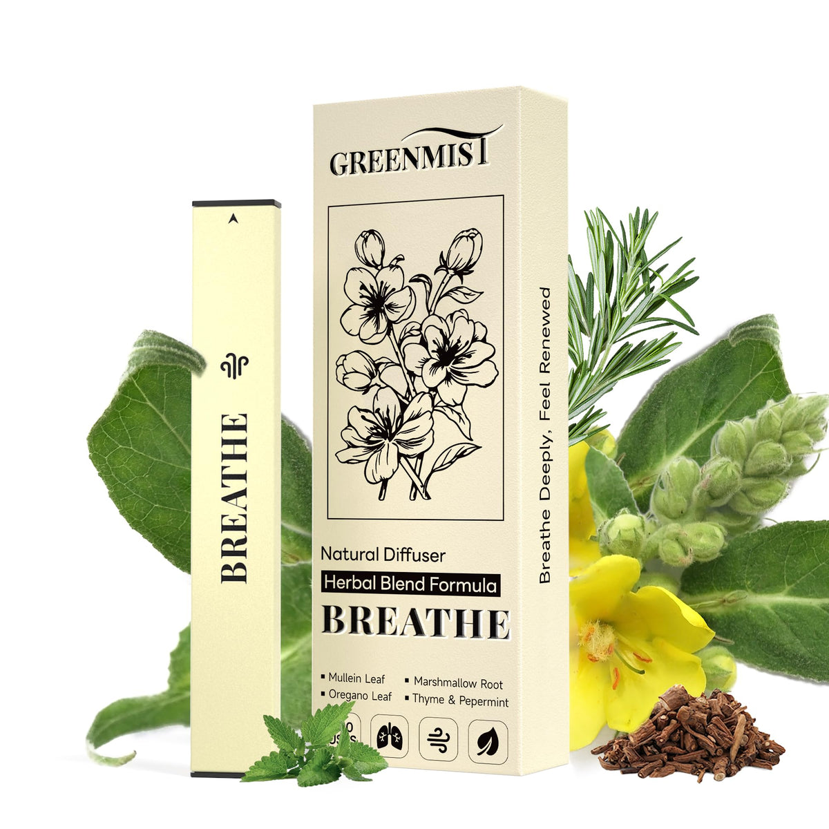 GreenMist stylo-diffuseur mullein : diffusion douce pour respiration quotidienne.