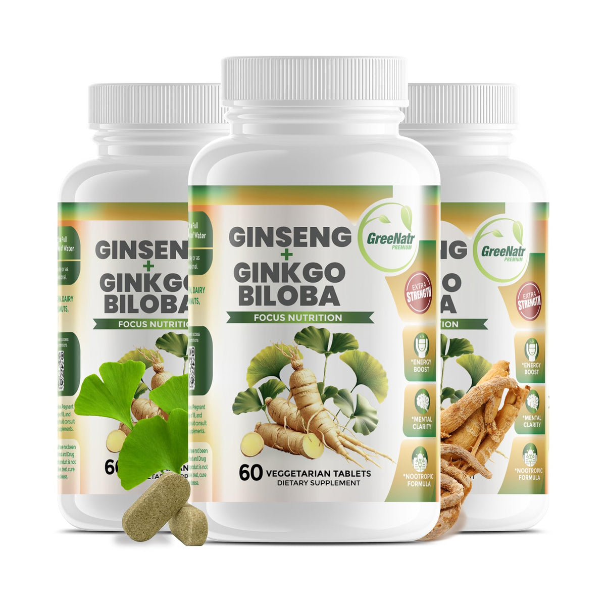 GreeNatr ginkgo-biloba-panax-ginseng-bouteille – énergie naturelle et concentration pour la journée.