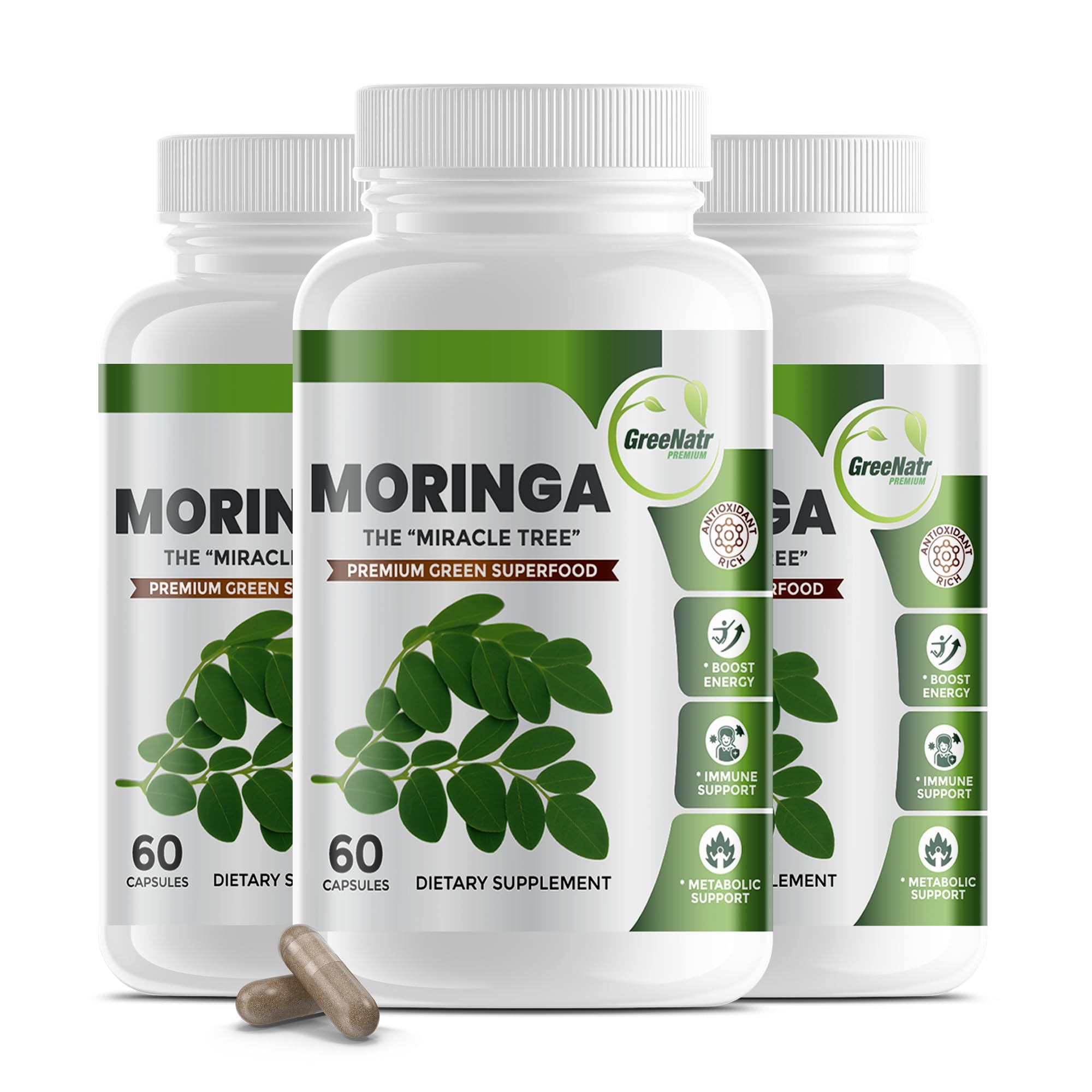 GreeNatr Pure Moringa: capsules d'extrait de feuilles pour énergie naturelle.