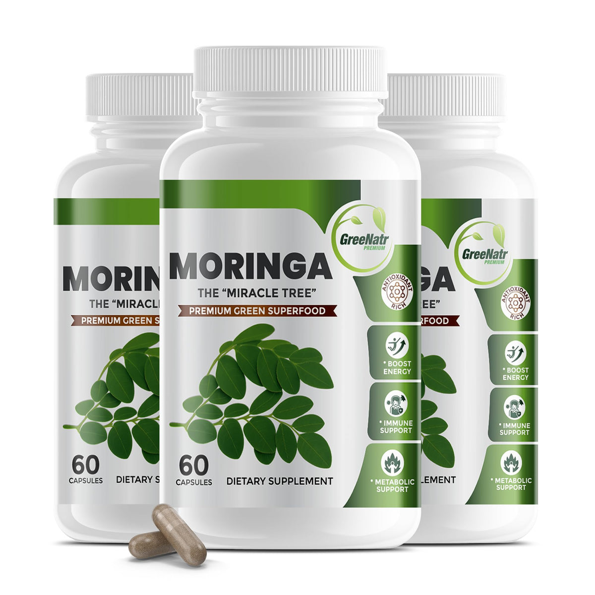 GreeNatr Pure Moringa: capsules d'extrait de feuilles pour énergie naturelle.