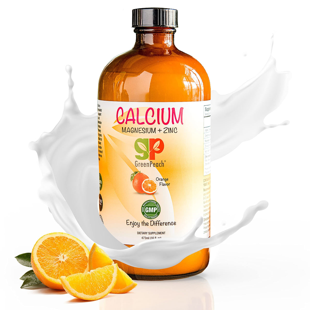 GreenPeach calcium liquide bouteille enfant, soutien naturel pour croissance et santé osseuse.