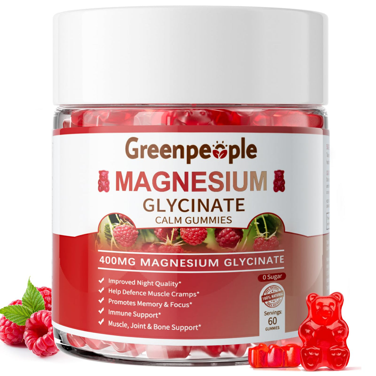 Gummies GREENPEOPLE magnésium en bouteille, framboise, favorisant une détente légère