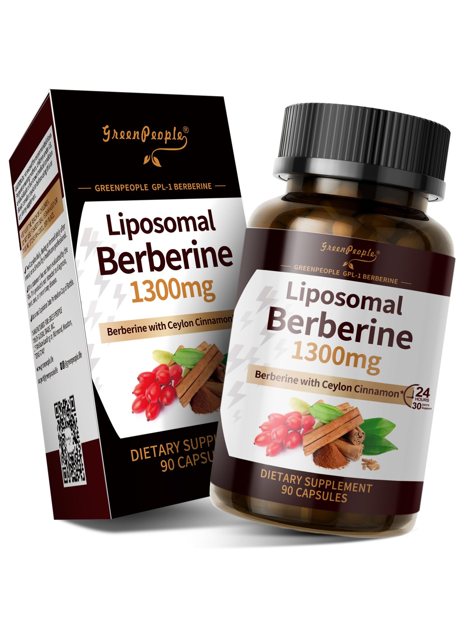 GREENPEOPLE Liposomal Berberine HCL 1300mg — bouteille et étiquette, absorption potentielle améliorée.