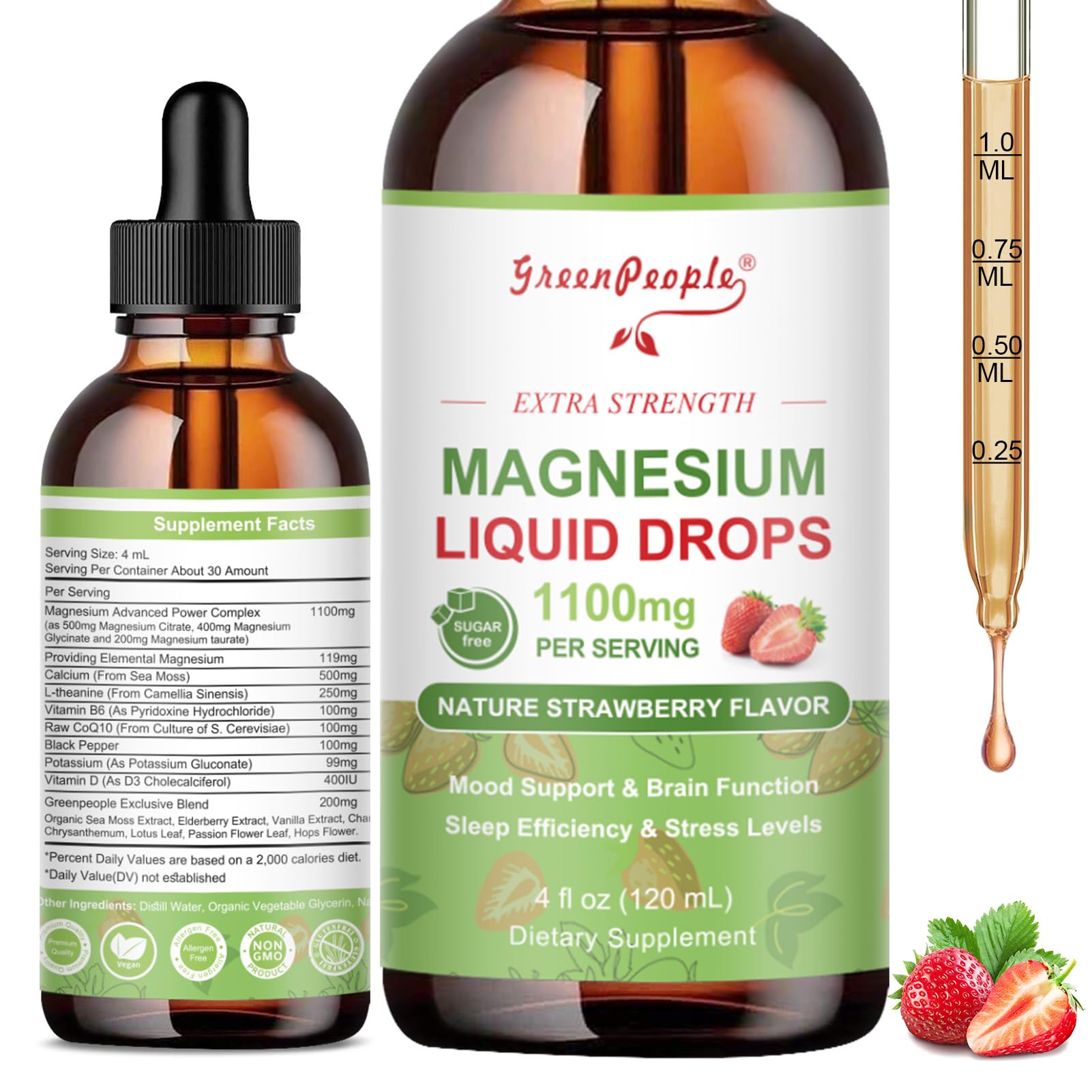 Flacon GREENPEOPLE Magnésium Glycinate – liquide pratique pour usage quotidien.
