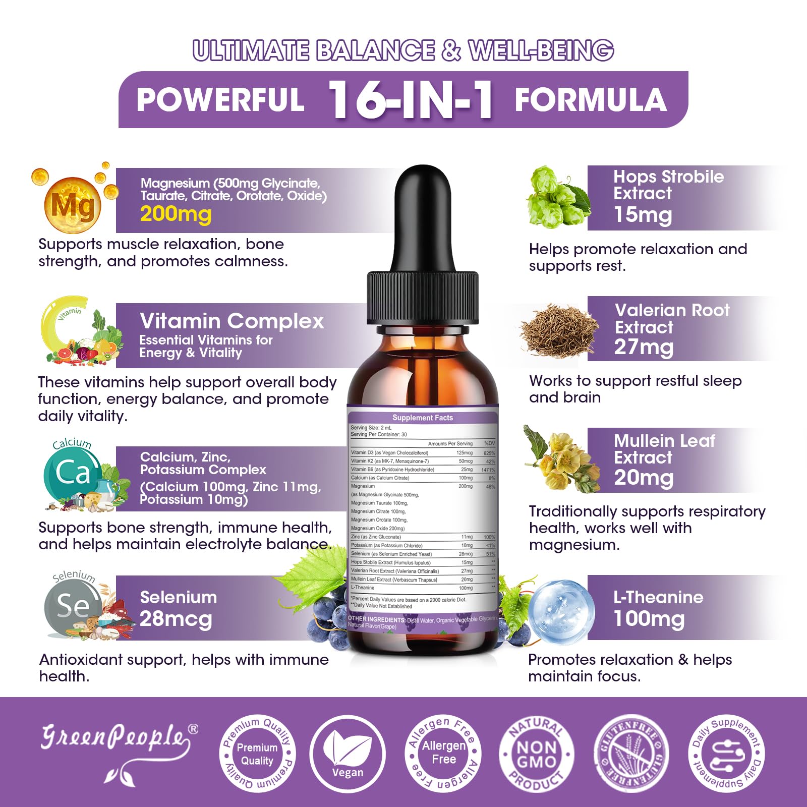 GREENPEOPLE Magnésium Glycinate Liquide – formule 5-en-1 pour soutien global.