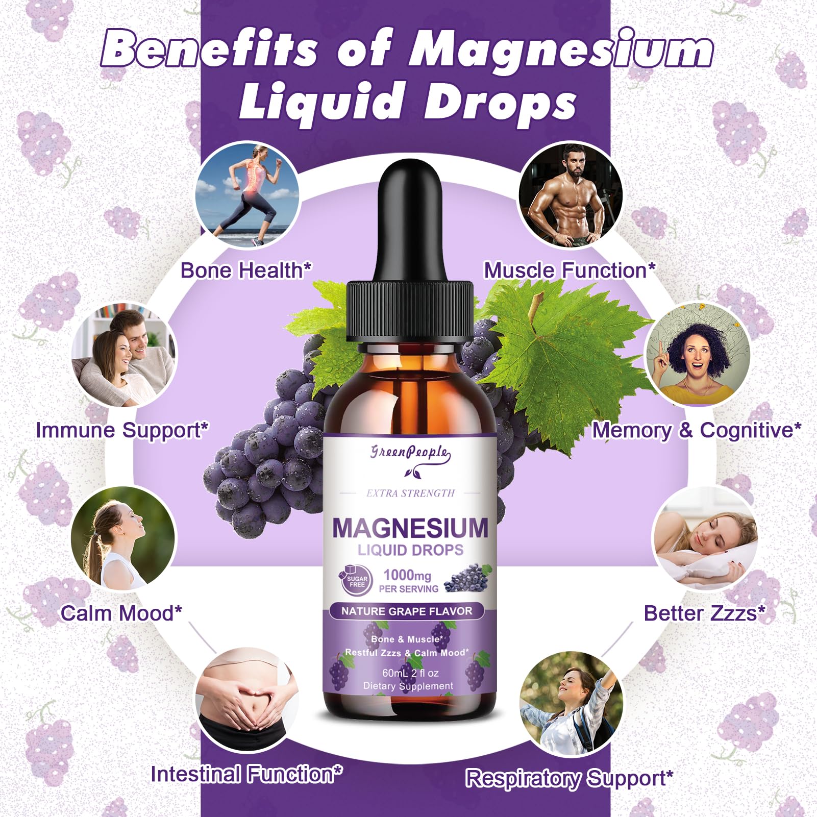 GREENPEOPLE Magnésium Glycinate Liquide – goût raisin, solution sans sucre pour routine nocturne.