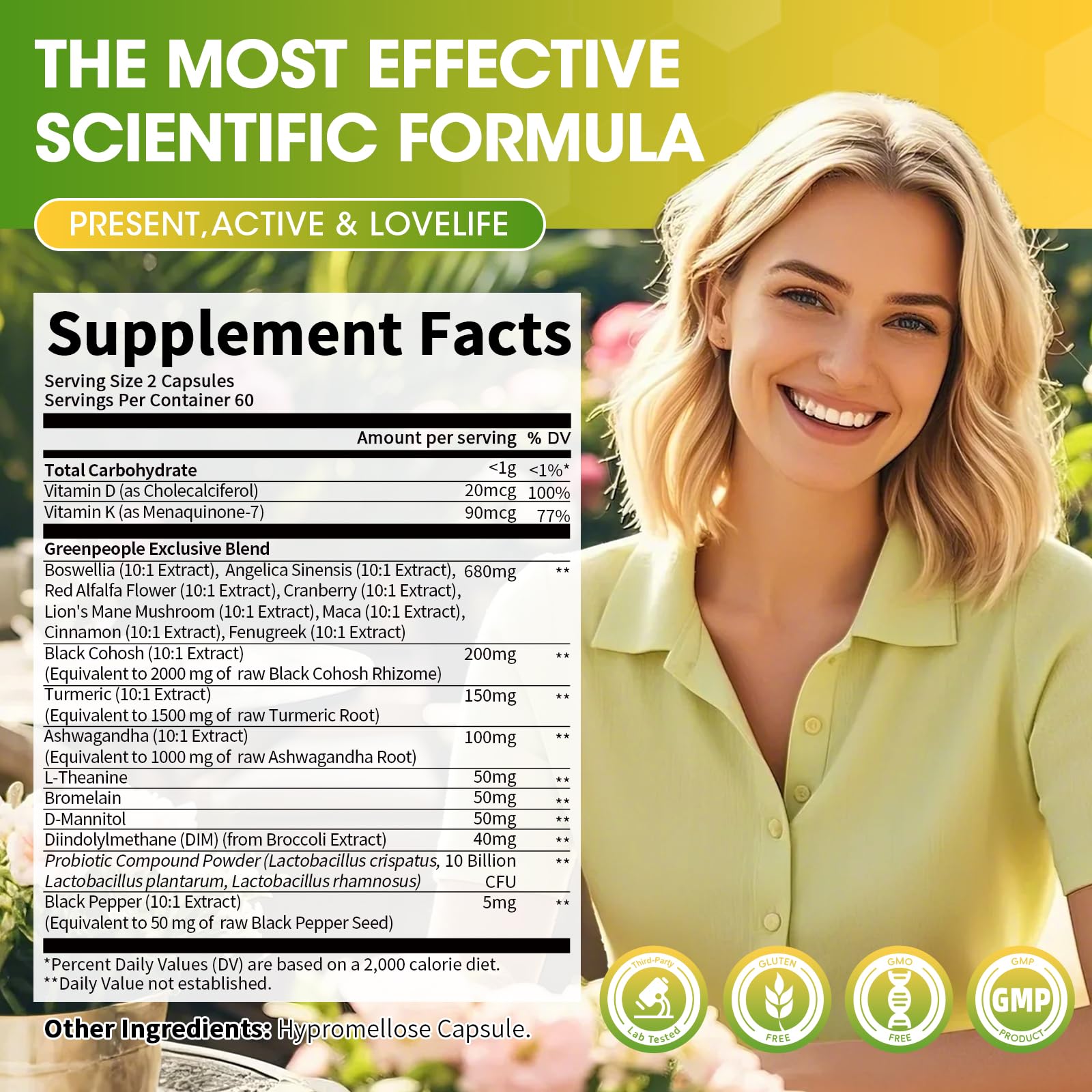 GREENPEOPLE Menopause: gros plan sur les capsules et la texture riche.