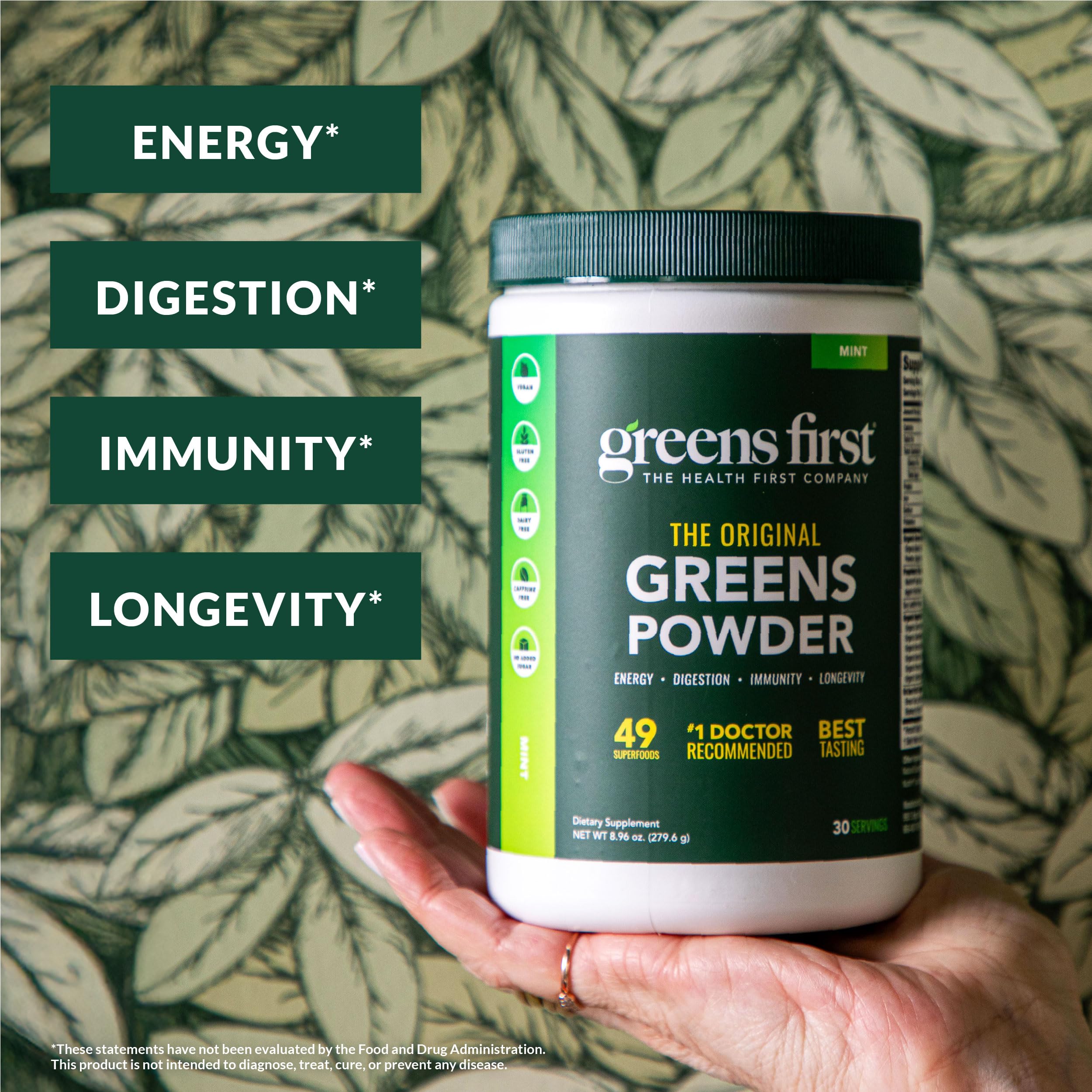 Greens First Original Pot Poudre Menthe; emballage pratique pour doser facilement.