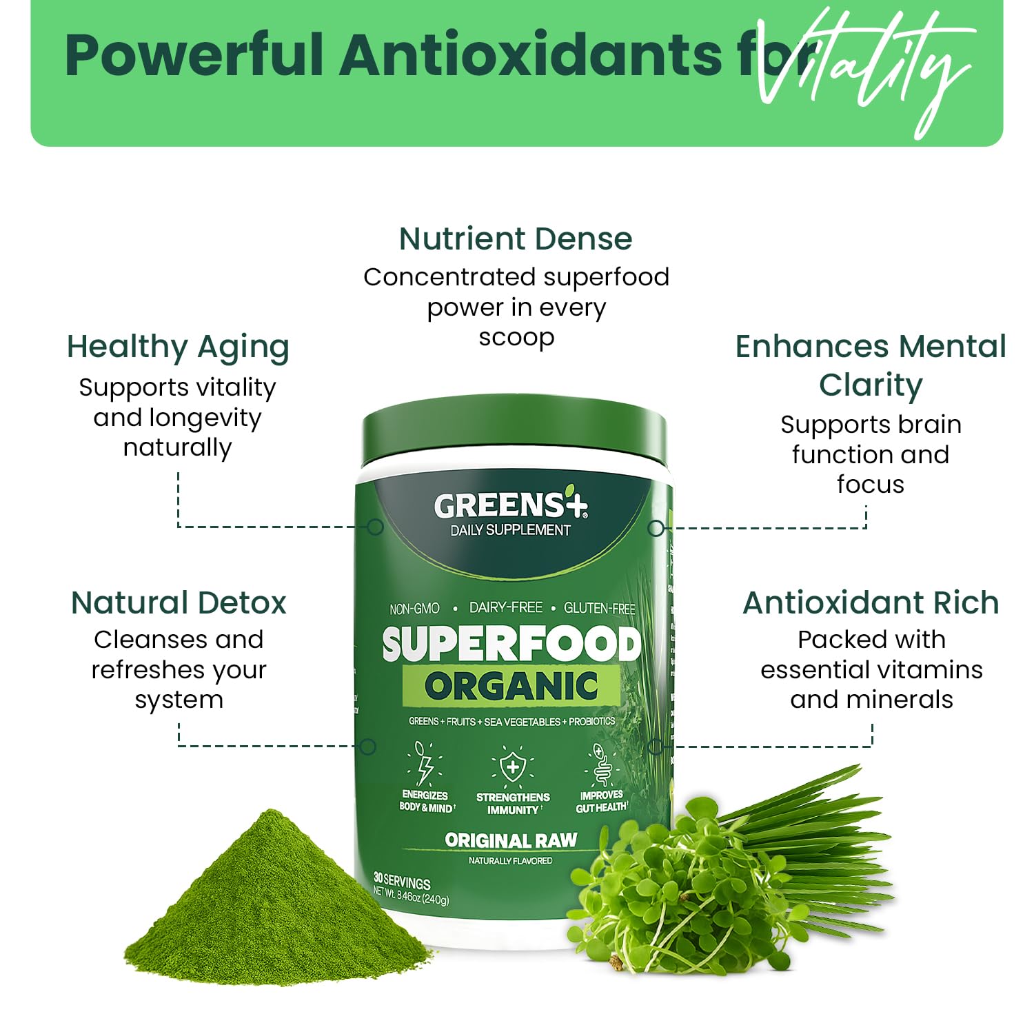 Greens+ Poudre brute probiotiques vegan sans lactose