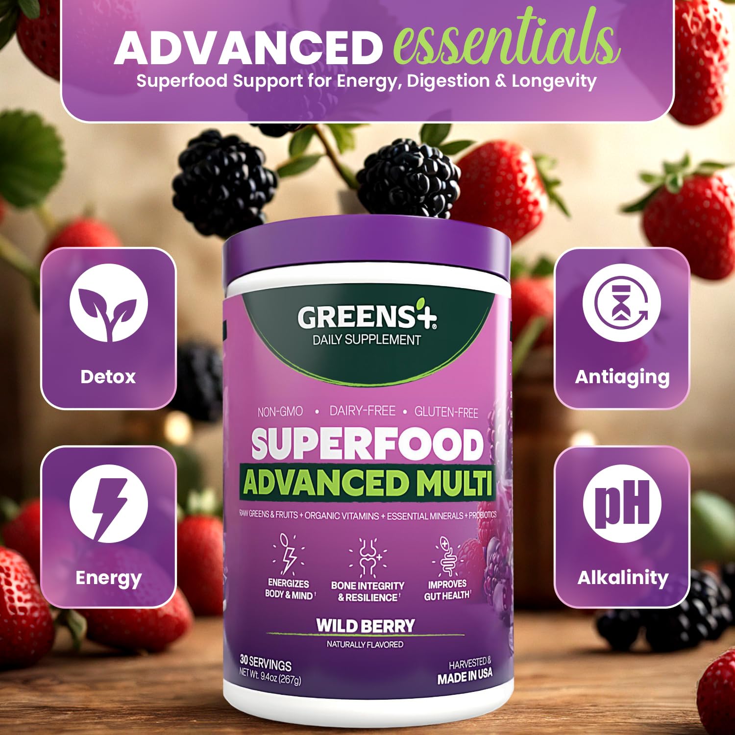 Greens+ Advanced Multi Wild Berry Bouteille, facile à emporter et doser en déplacement.
