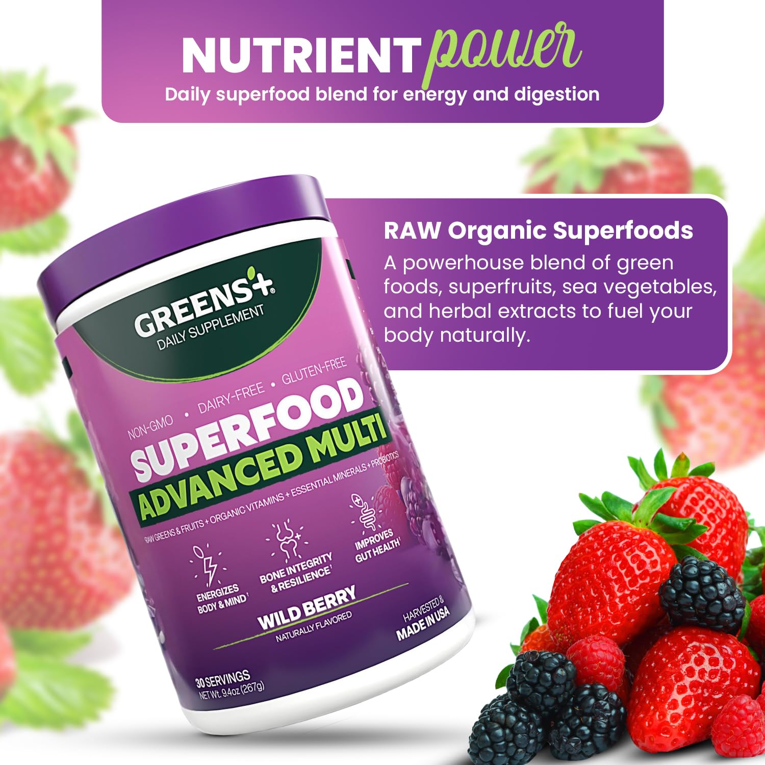 Greens+ Advanced Multi Wild Berry Ingrédients, montre une composition naturelle et complète.