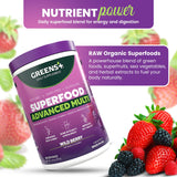 Greens+ Advanced Multi Wild Berry Ingrédients, montre une composition naturelle et complète.