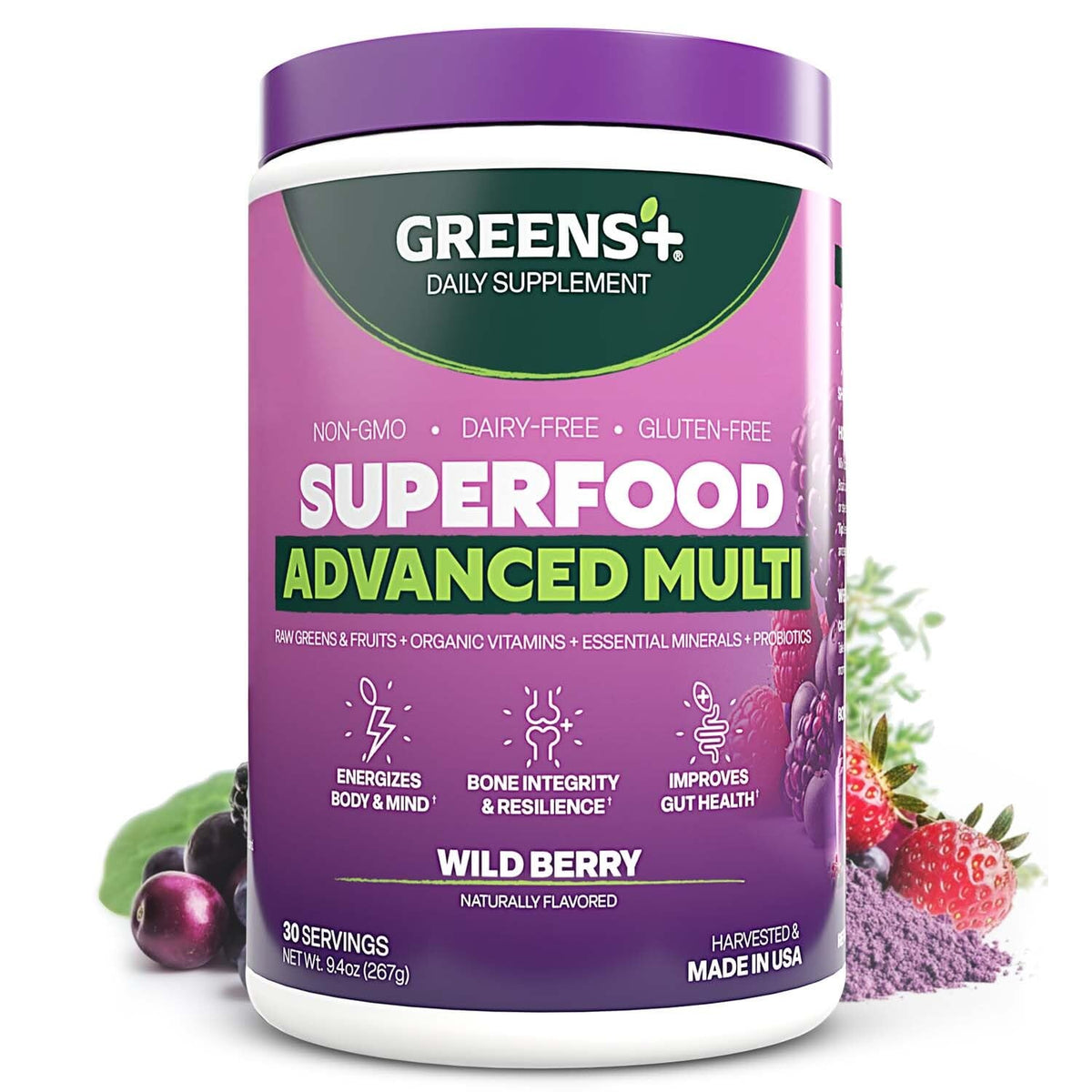 Greens+ Advanced Multi Wild Berry Poudre, pour un smoothie nourrissant et équilibré.