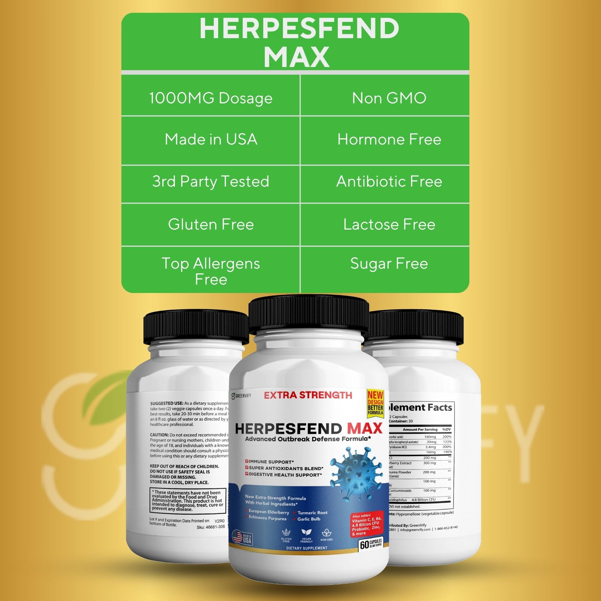 Liste d'ingrédients sur GREENVIFY HerpesFend Max avec echinacee et curcuma.