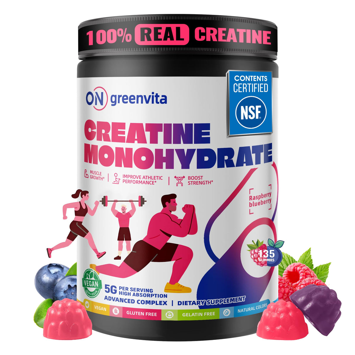 Greenvita Gomme Créatine 5g emballage framboise, pratique à emporter.