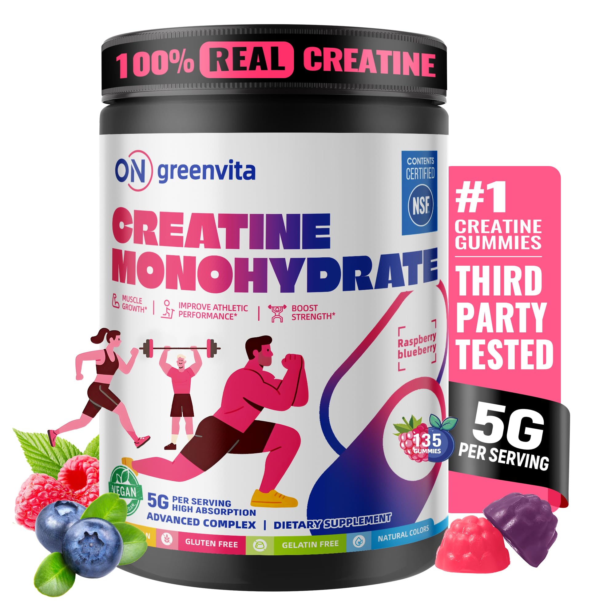 Greenvita Gomme Créatine 5g usage-quotidien, soutien concentration et endurance.