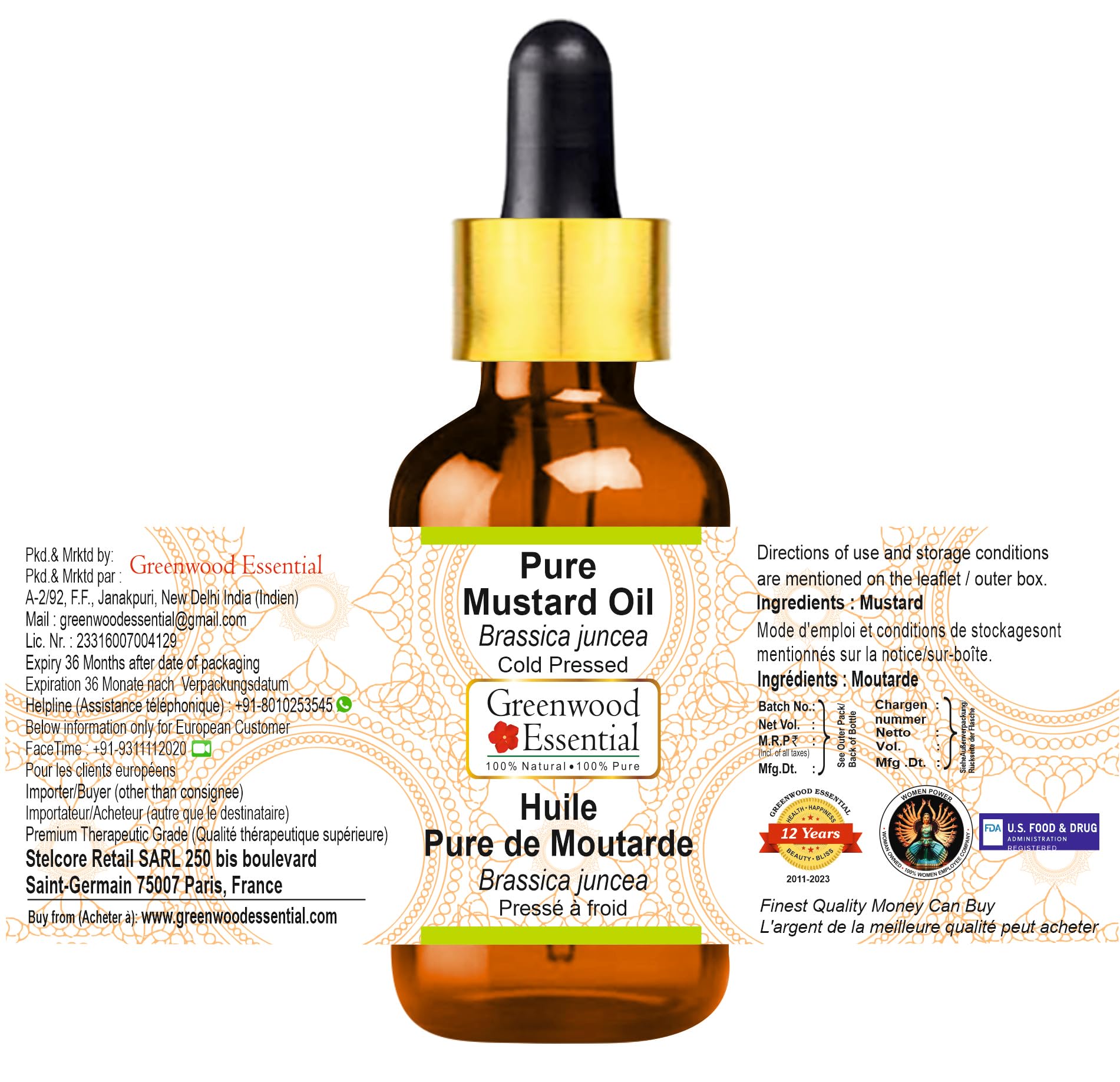 Greenwood Essential huile de moutarde, compte-gouttes facilitant le dosage et les mélanges.