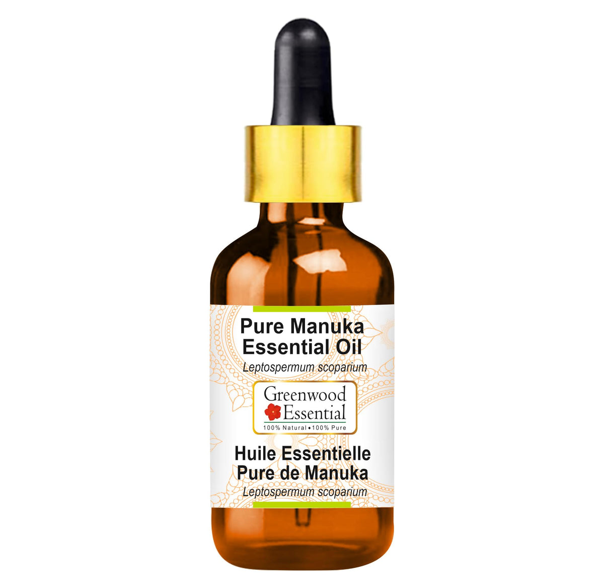 Huile Manuka Greenwood Essential dans bouteille ambrée avec pipette, dosage précis.