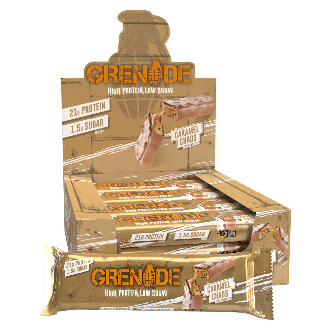Barre Grenade Caramel Chaos emballage 12x60g, snack protéiné pratique.