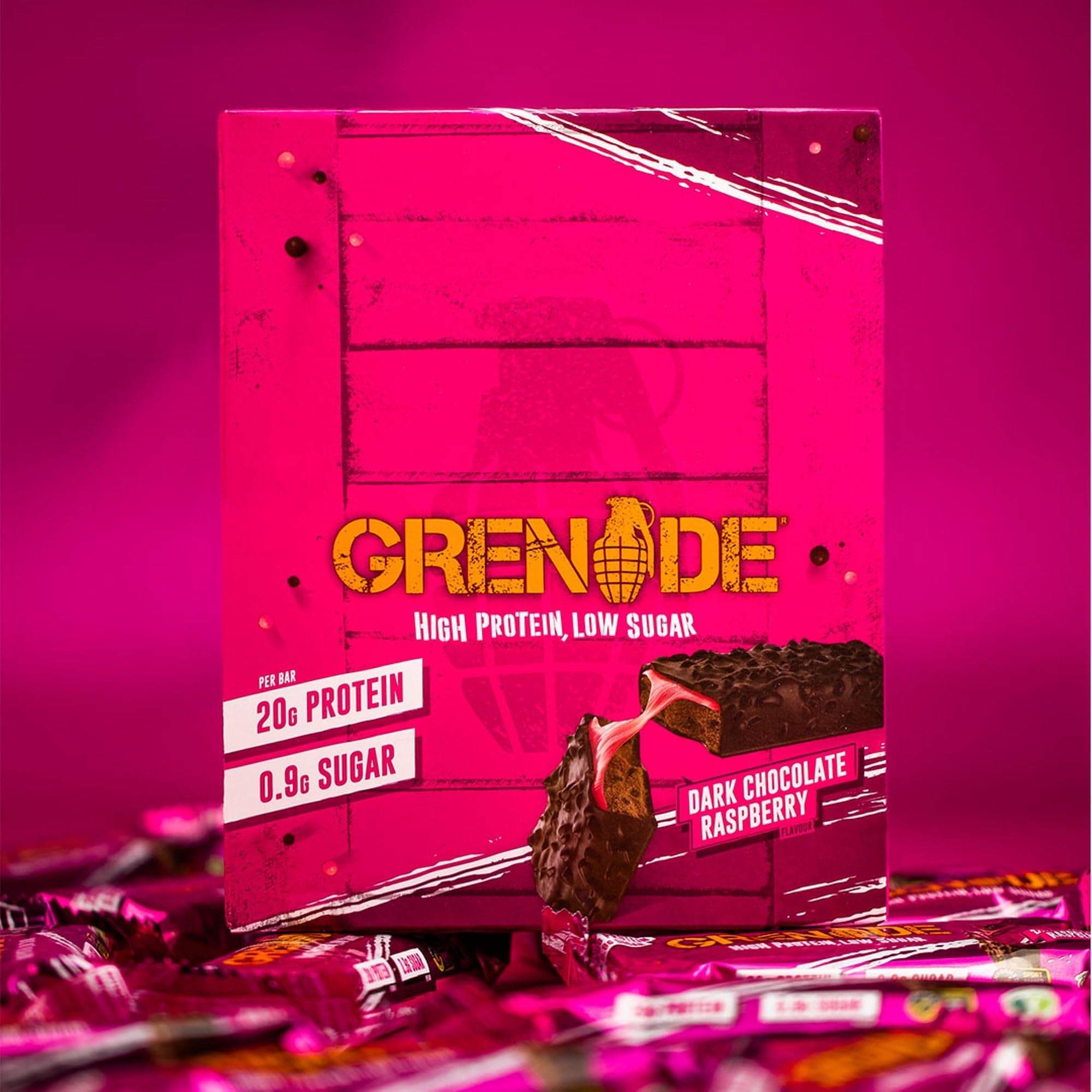 Grenade barre-proteine-chocolat-noir-drops : éclats croustillants en snack rapide.